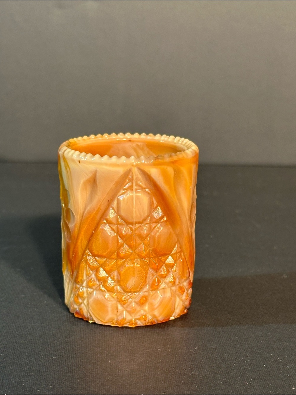 Joe St. Clair Glass Carmel Chocolate Slag Toothpick Holder Flower Button Pattern
